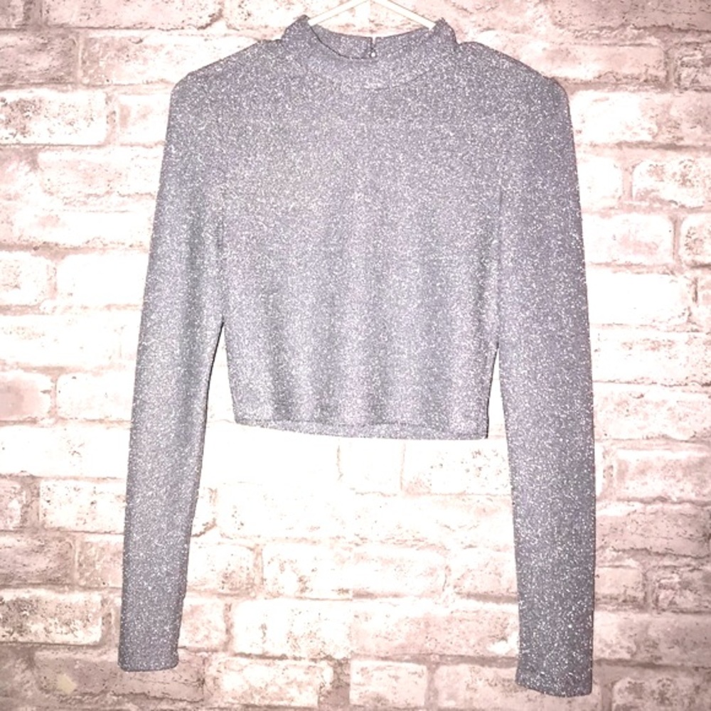 NWT Long Sleeve Mock Neck Cut Out Stretch Crop Top Ice Blue Shimmer